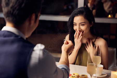 男性在餐桌上向女性展示戒指图片