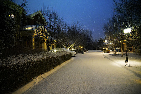 别墅区雪景街道,中国,夜晚图片素材