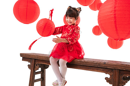 新年衣服小女孩拿着红灯笼玩耍背景