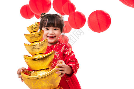 可爱的小女孩抱着一摞金元宝图片