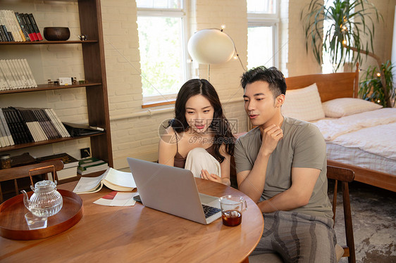 青年夫妇在家使用电脑图片