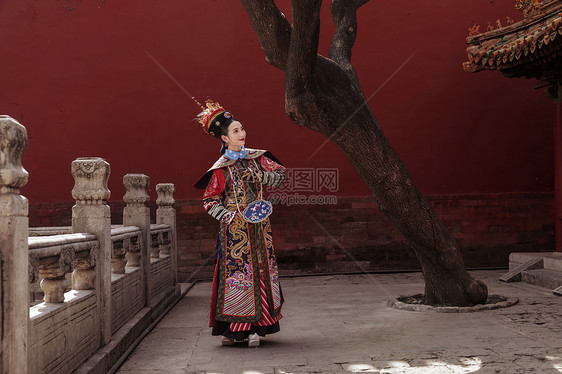 穿清宫服的青年女人站在古树下图片