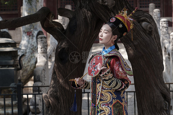 穿清宫服的青年女人站在古树下图片