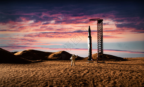 模拟空间宇航员和卫星运载火箭背景
