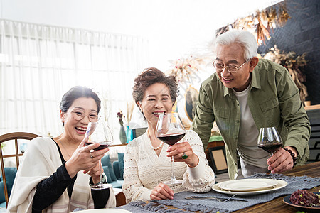 聚会上快乐的老年人们品尝红酒图片