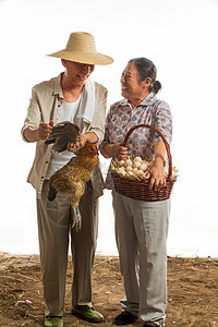农民夫妇拿着家禽和鸡蛋图片