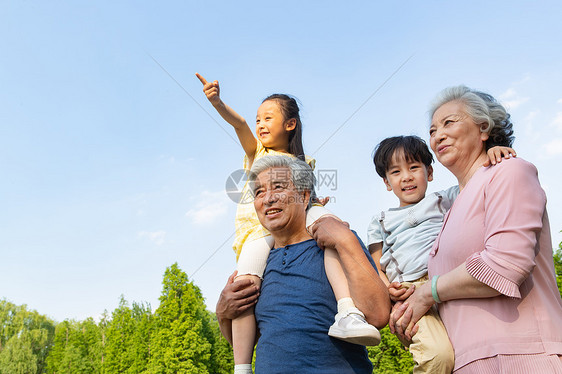 老年夫妇带着孩子们郊游图片