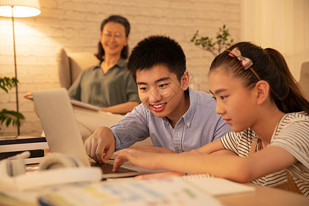 学生看着电脑在线学习图片