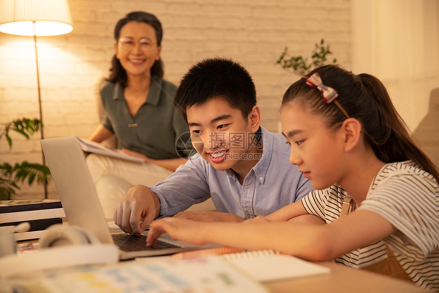 学生看着电脑在线学习图片