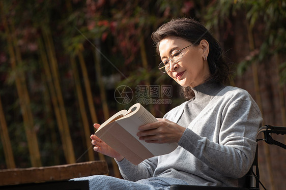 户外老年女人坐在轮椅上看书图片