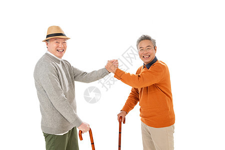 拿着拐杖的老哥俩握手聊天图片
