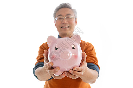 拿着气球的猪快乐老人拿着存钱罐背景