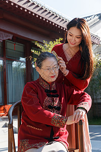 梳子元素青年女人为母亲梳头背景