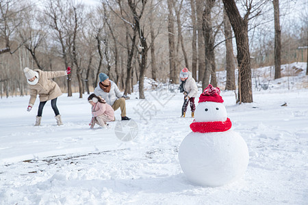 快乐的一家人在雪地里玩耍图片