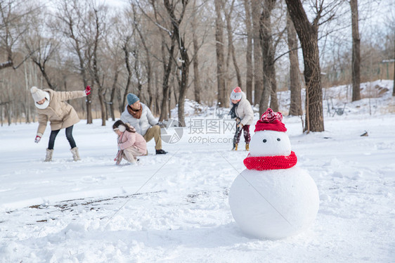 快乐的一家人在雪地里玩耍图片