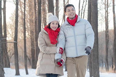 雪地上散步的青年夫妇图片