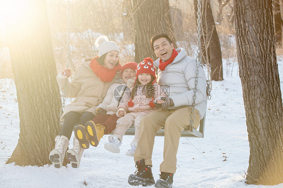 雪地里荡秋千的快乐家庭图片