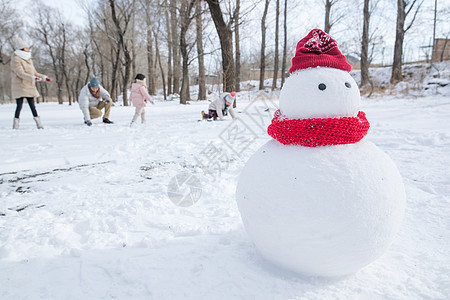 快乐的一家人在雪地里玩耍图片