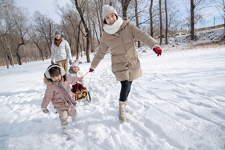 欢乐家庭在雪地上玩雪橇图片