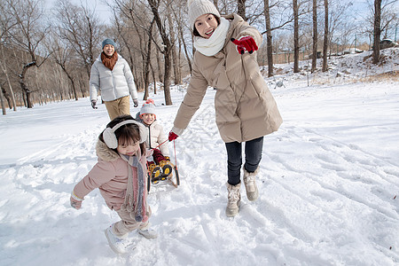 欢乐家庭在雪地上玩雪橇图片