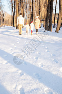 快乐家庭在雪地里散步图片