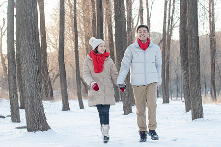 雪地上散步的青年夫妇图片