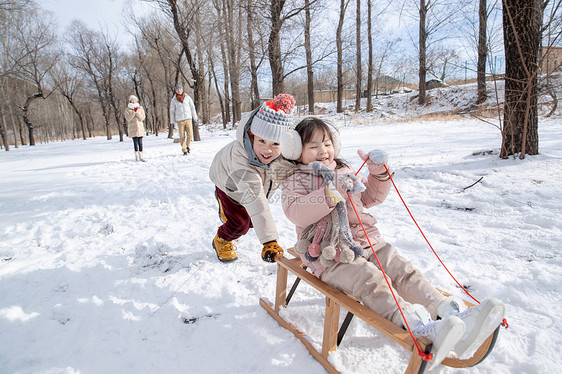 欢乐家庭在雪地上玩雪橇图片