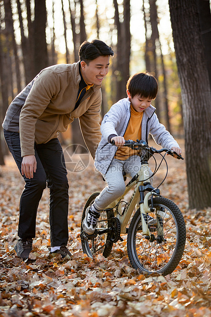 户外父亲教儿子骑自行车图片