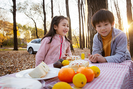 黄色大汽车可爱的男孩女孩户外野餐背景