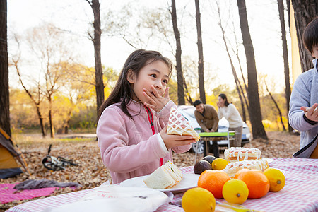 幸福家庭秋天户外野餐图片