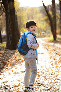 秋天户外小路上背书包的小男孩图片