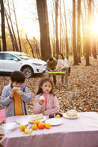 秋天幸福家庭在户外烧烤野餐图片