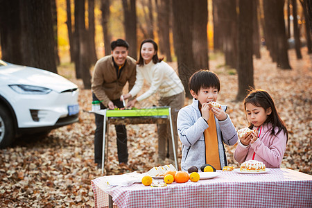 秋天幸福家庭在户外烧烤野餐图片