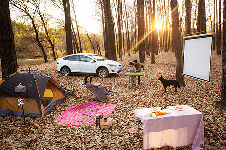 科技汽车内部幸福家庭带着狗在户外郊游露营背景