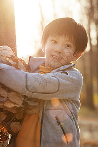 秋天户外男孩玩树叶图片