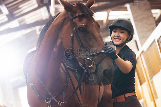 马厩里安抚马的年轻女子图片