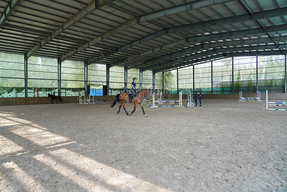 障碍训练场上骑马的青年女人图片