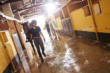畜舍走廊里牵着马的女孩们图片