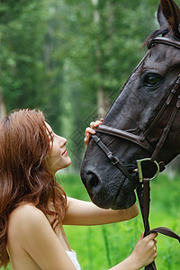 漂亮的年轻女人深情的抚摸着马图片