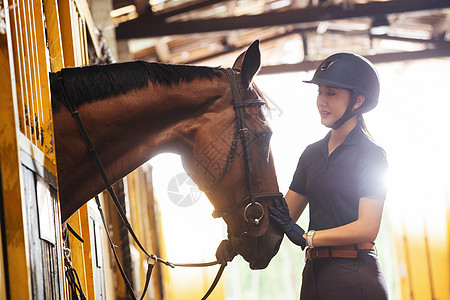 马厩里的抚摸马的漂亮的年轻女人图片