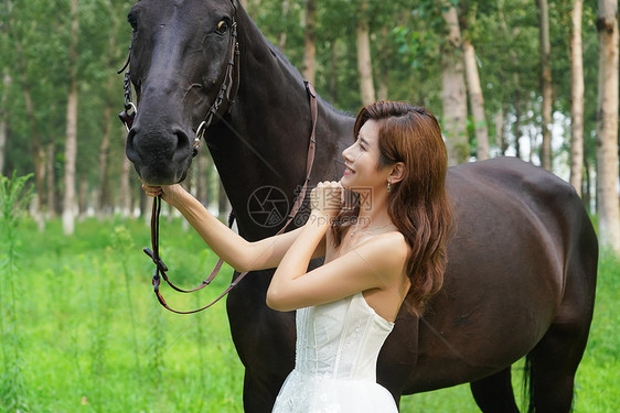 骏马和穿着婚纱的漂亮年轻女人图片