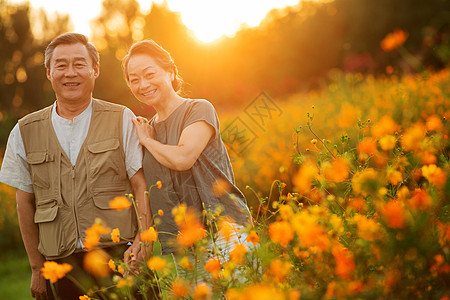 花丛中幸福的老年夫妇图片