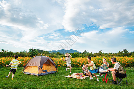 欢乐家庭在郊外野餐图片