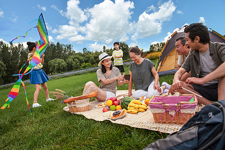 快乐的一家人在郊外野餐图片素材