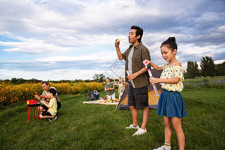 欢乐家庭在郊外野餐图片