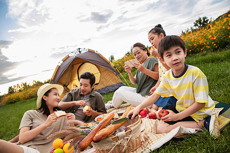 快乐家庭在郊外野餐图片
