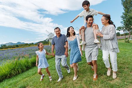 在草地上散步的幸福家庭图片