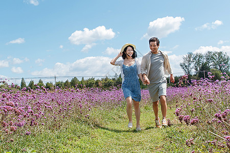 青年夫妇手牵手在花海里奔跑图片