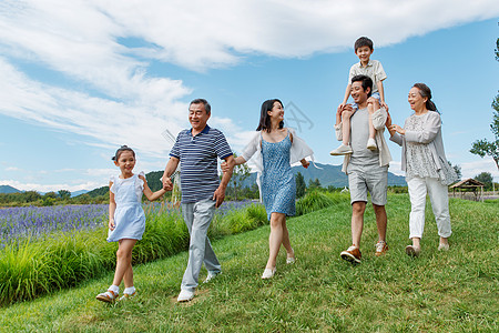 在草地上散步的幸福家庭图片