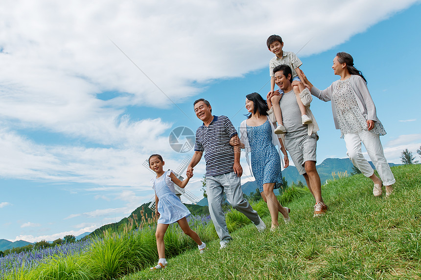 在草地上散步的幸福家庭图片